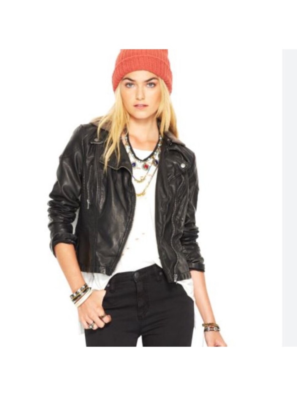 Free People NWT Vegan Leather Moto Biker Jacket Faux Leather Coat Black 6 Medium - Picture 3 of 3